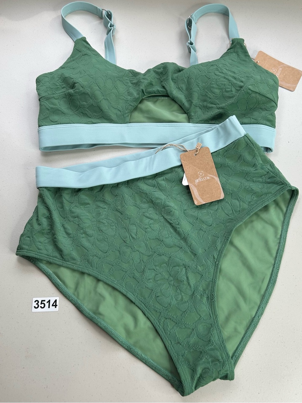Berlook Bikini Set Dark Green Contrast Trim Plus Size 16